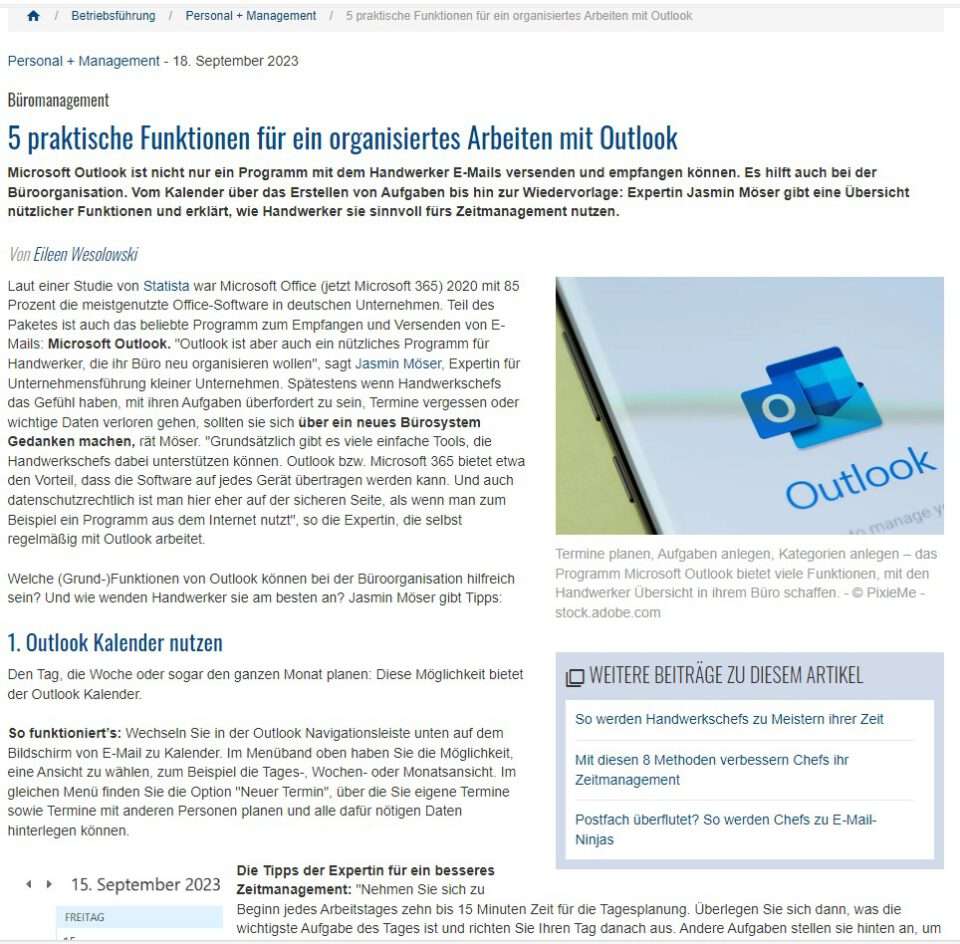 Jasmin Möser in der Deutschen Handwerkszeitung über Arbeitsorganisation mit Outlook